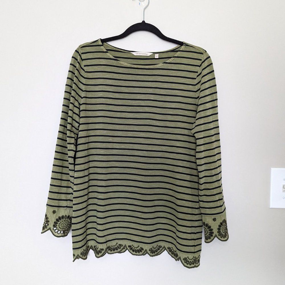 Soft Surroundings Green Black Striped Embroidered Scalloped Long Sleeve T-Shirt
